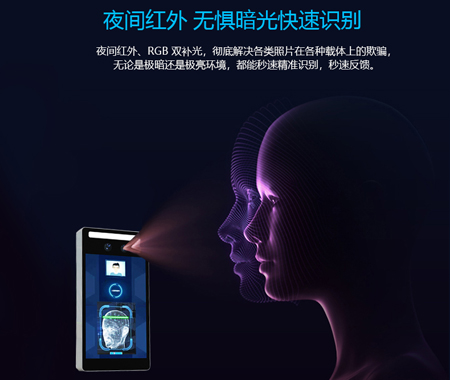 F5動(dòng)態(tài)人臉識(shí)別終端采用夜間紅外、RGB雙補(bǔ)光模式，無(wú)懼暗光快速識(shí)別